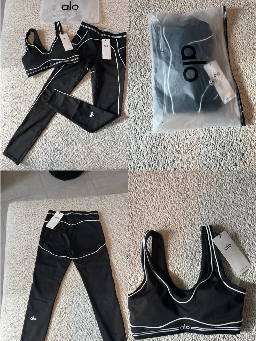 ALO Yoga Black with White Piping Leggings & Sports Bra Set - Picture 8 of 8